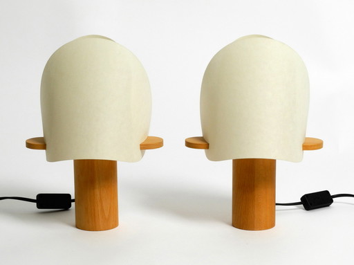 Deux charmantes lampes de table minimalistes en chêne avec abat-jour en Lunopal par Domus | années 1980