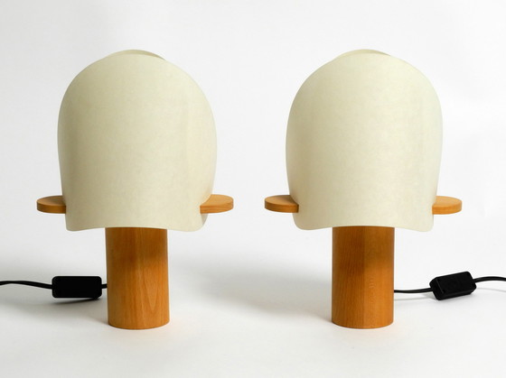 Image 1 of Two charming minimalistic oak table lamps with Lunopal shades by Domus | 1980s