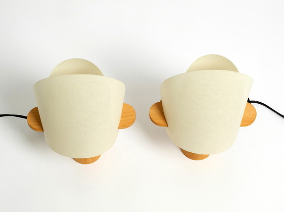 Image 1 of Two charming minimalistic oak table lamps with Lunopal shades by Domus | 1980s