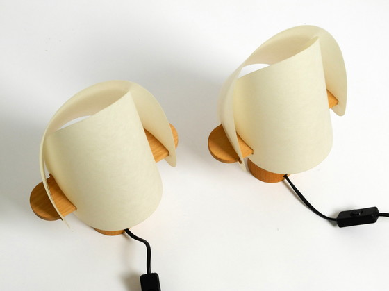 Image 1 of Two charming minimalistic oak table lamps with Lunopal shades by Domus | 1980s