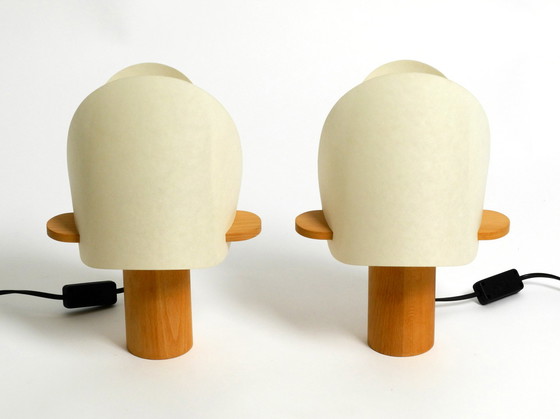 Image 1 of Two charming minimalistic oak table lamps with Lunopal shades by Domus | 1980s