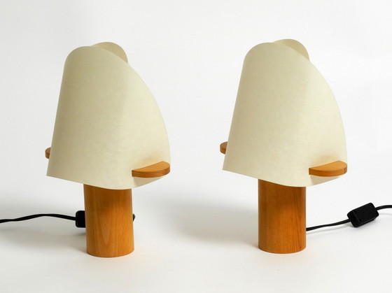 Image 1 of Two charming minimalistic oak table lamps with Lunopal shades by Domus | 1980s