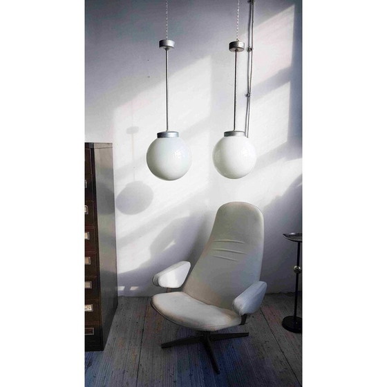 Image 1 of Industrial Spherical Milky Glass Pendant from Polam - 1950s 