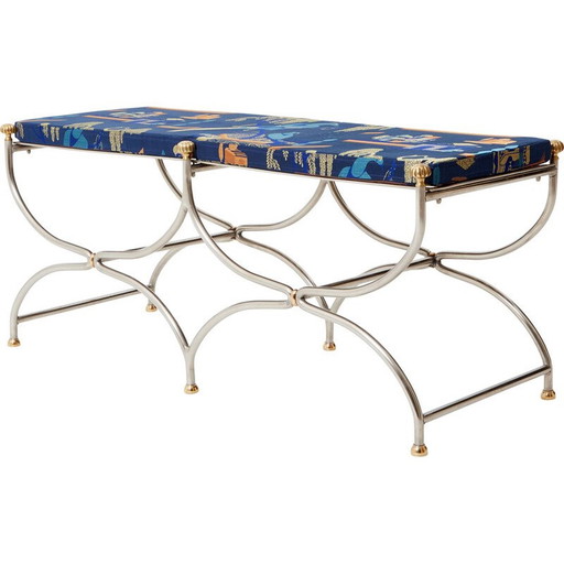 Vintage Savonarola curule bench in steel and brass for Maison Jansen circa 1960