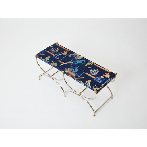 Vintage Savonarola curule bench in steel and brass for Maison Jansen circa 1960
