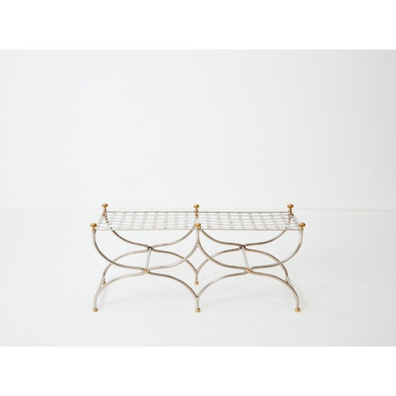 Image 1 of Vintage Savonarola curule bench in steel and brass for Maison Jansen circa 1960