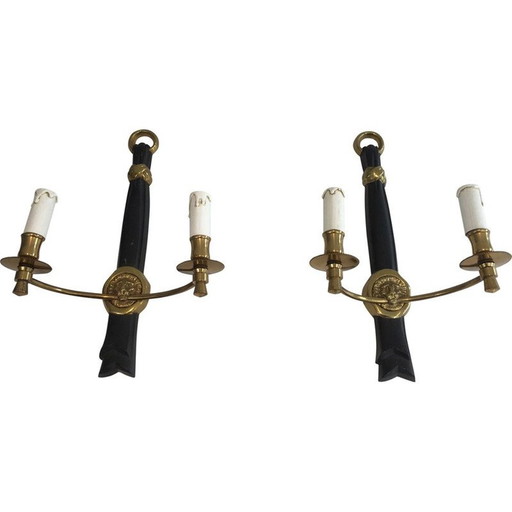 Pair of Black Lacquered Bronze Wall Lights with Lions Head Decorations.