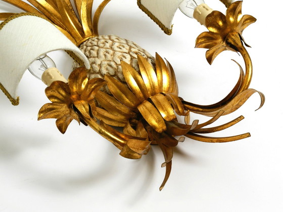 Image 1 of Large 1970S Gold-Plated Pineapple Florentine Wall Lamp Made Of Metal And Ceramic By Charles Maison Jansen