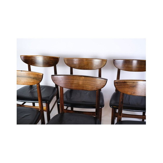 Image 1 of Set di 6 sedie da pranzo vintage in palissandro con pelle nera, anni '60