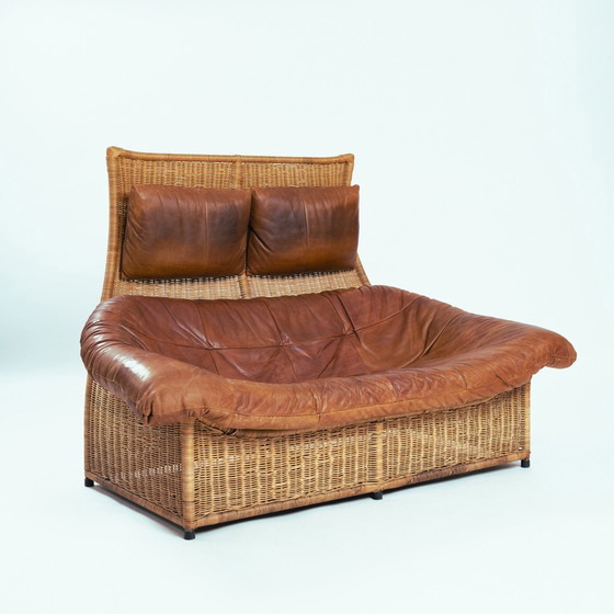 Image 1 of Gerard Van Den Berg Rock Rattan Leather 2 Seater Sofa, 1970S