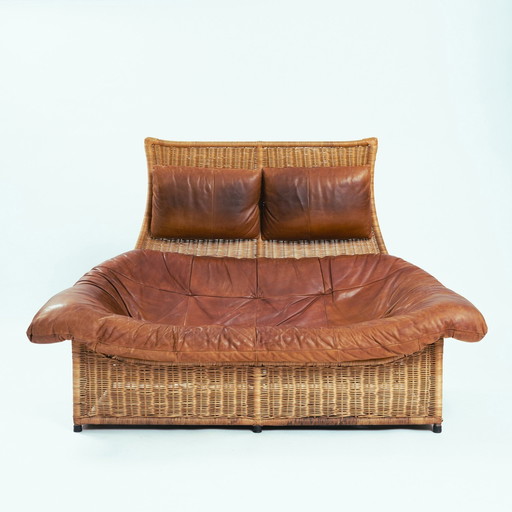 Gerard Van Den Berg Rock Rattan Leather 2 Seater Sofa, 1970S