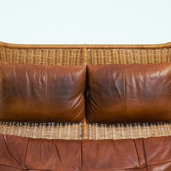 Image 1 of Gerard Van Den Berg Rock Rattan Leather 2 Seater Sofa, 1970S