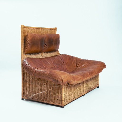 Gerard Van Den Berg Rock Rattan Leather 2 Seater Sofa, 1970S