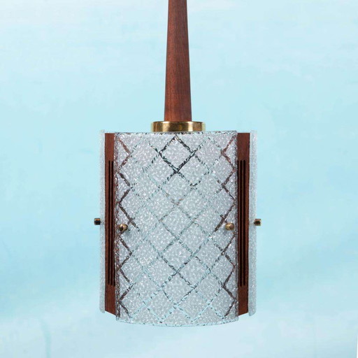 Vintage chic pendant lamp 1960s, teak glass and brass