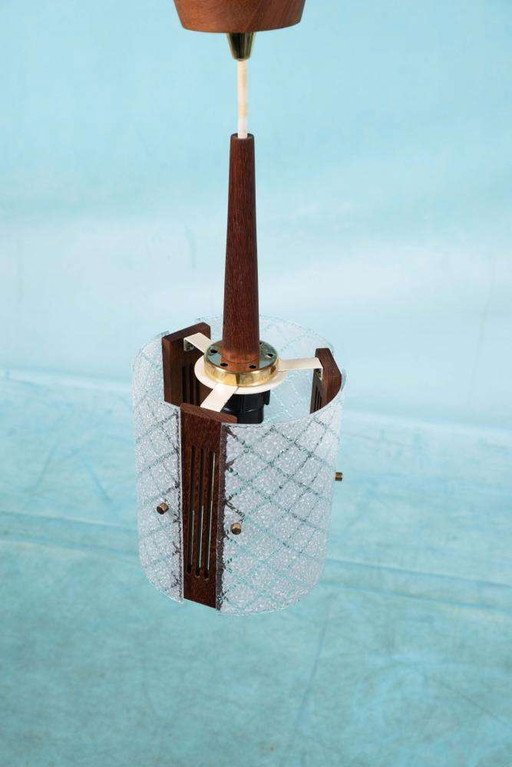 Vintage chic pendant lamp 1960s, teak glass and brass
