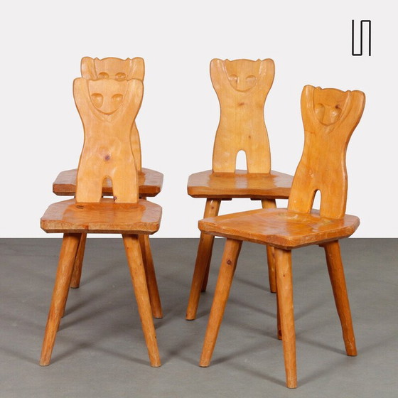 Image 1 of Set di 4 sedie vintage in legno con schienali zoomorfi, 1960