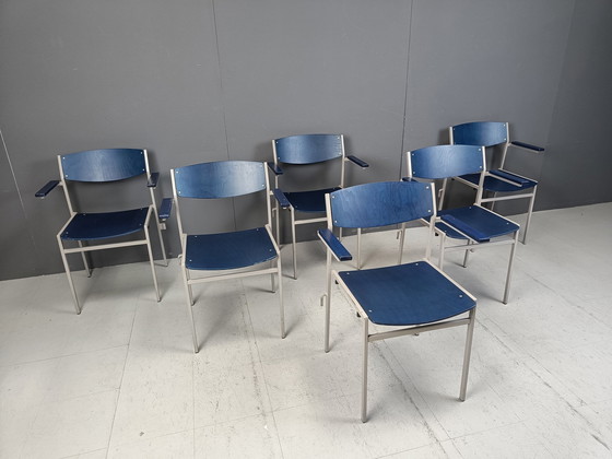 Image 1 of Minimalist Metal And Plywood Stackable Armchairs By Gijs Van Der Sluis, Set Of 6