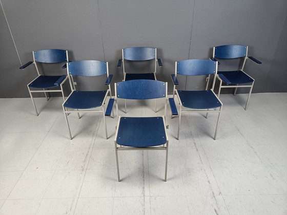 Image 1 of Minimalist Metal And Plywood Stackable Armchairs By Gijs Van Der Sluis, Set Of 6