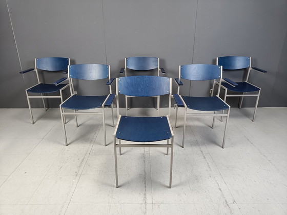 Image 1 of Minimalist Metal And Plywood Stackable Armchairs By Gijs Van Der Sluis, Set Of 6