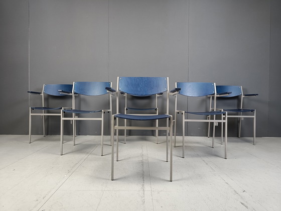 Image 1 of Minimalist Metal And Plywood Stackable Armchairs By Gijs Van Der Sluis, Set Of 6