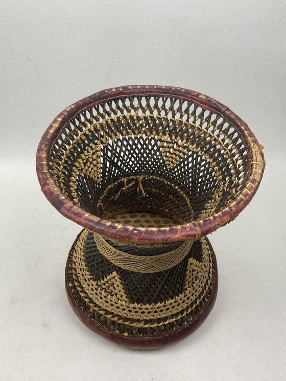 Image 1 of African Woven Rattan & Wicker Drum Stool With Leather Seat, 1950S