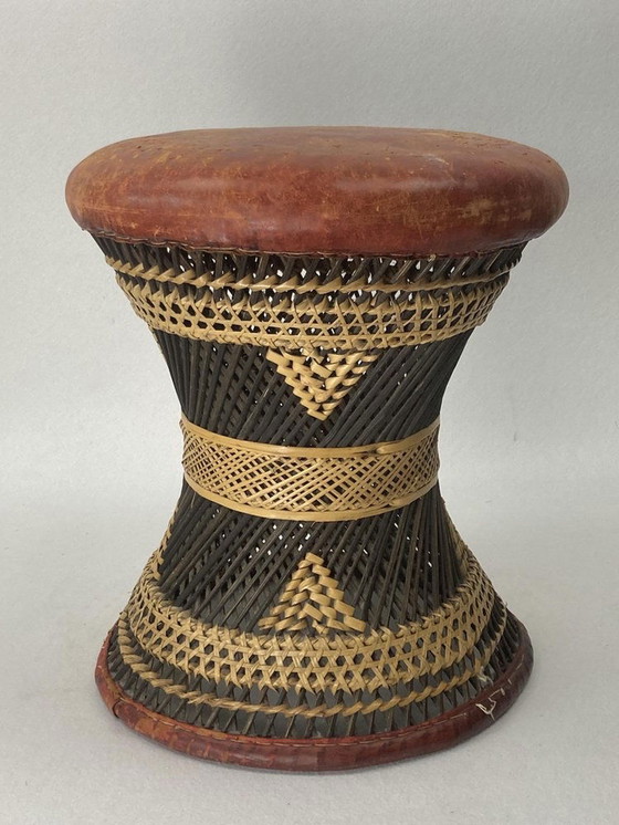 Image 1 of African Woven Rattan & Wicker Drum Stool With Leather Seat, 1950S