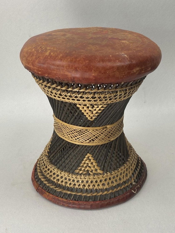 Image 1 of African Woven Rattan & Wicker Drum Stool With Leather Seat, 1950S