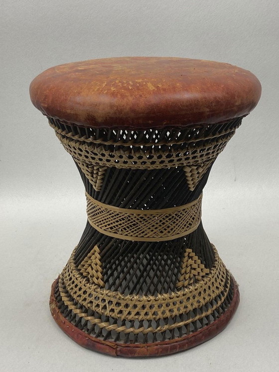 Image 1 of African Woven Rattan & Wicker Drum Stool With Leather Seat, 1950S