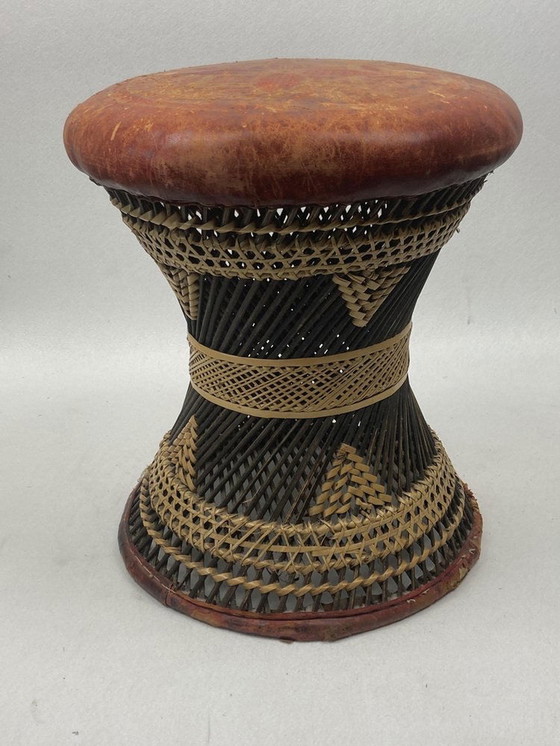 Image 1 of African Woven Rattan & Wicker Drum Stool With Leather Seat, 1950S