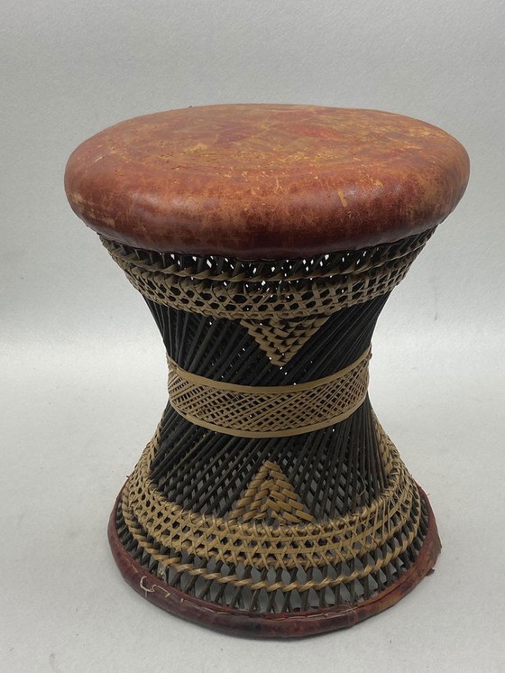 Image 1 of African Woven Rattan & Wicker Drum Stool With Leather Seat, 1950S