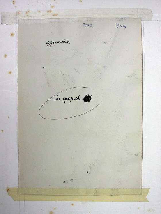 Image 1 of Gérard Grassère, dessin aux crayons de couleur - Homme avec oiseau ("En conversation").