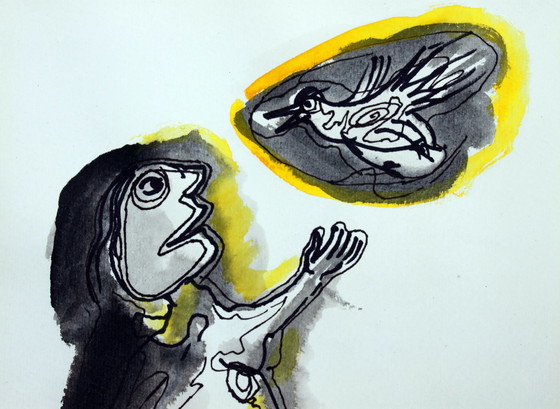 Image 1 of Gérard Grassère, dessin aux crayons de couleur - Homme avec oiseau ("En conversation").