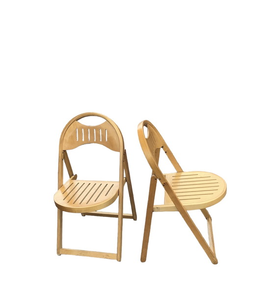 Image 1 of Pair of 2 Midcentury Beech Folding Chairs