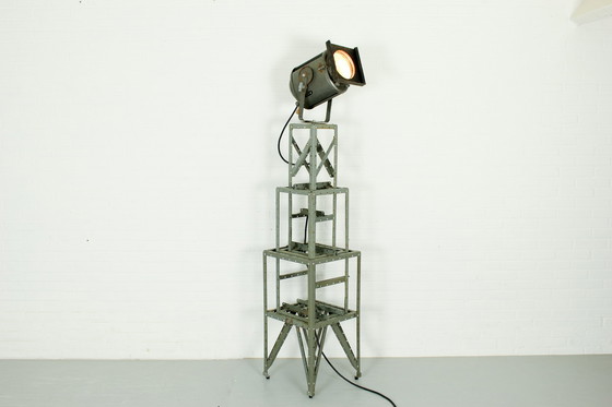 Image 1 of Mid Century theater spotlight by AE Cremer Paris on industrial stand