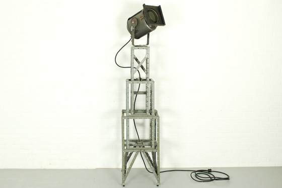 Image 1 of Mid Century theater spotlight by AE Cremer Paris on industrial stand