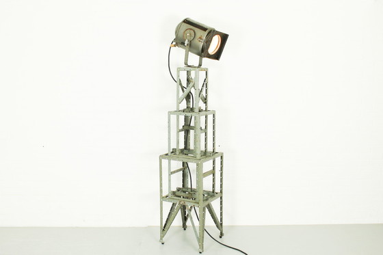 Image 1 of Mid Century theater spotlight by AE Cremer Paris on industrial stand