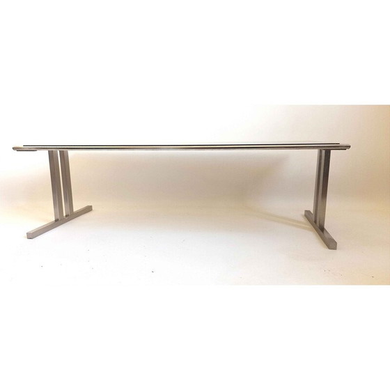 Image 1 of Vintage coffee table in brushed metal and brown smoked tempered glass, Italy 1970