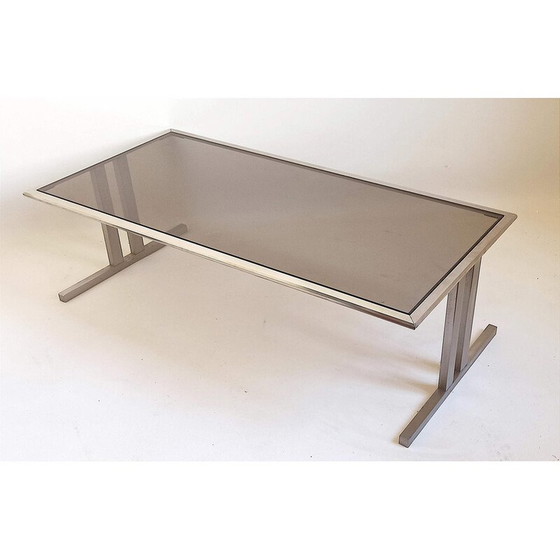 Image 1 of Vintage coffee table in brushed metal and brown smoked tempered glass, Italy 1970