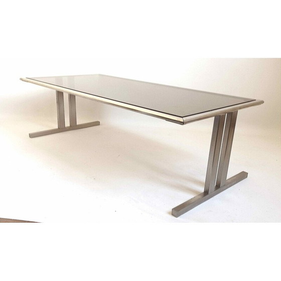 Image 1 of Vintage coffee table in brushed metal and brown smoked tempered glass, Italy 1970