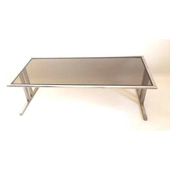 Image 1 of Vintage coffee table in brushed metal and brown smoked tempered glass, Italy 1970