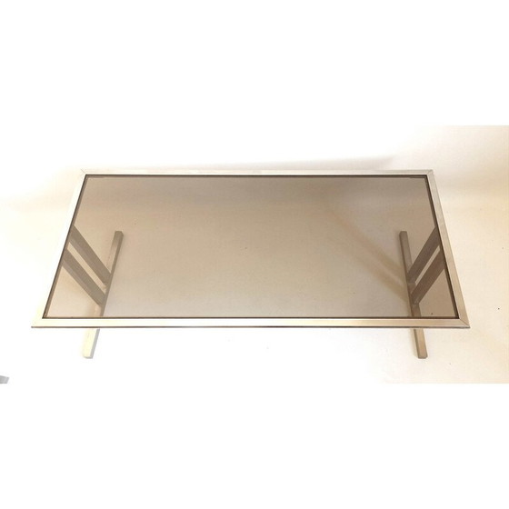 Image 1 of Vintage coffee table in brushed metal and brown smoked tempered glass, Italy 1970