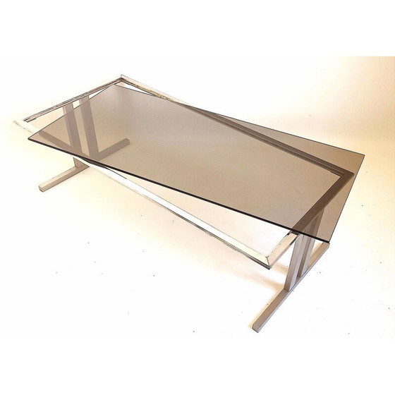 Image 1 of Vintage coffee table in brushed metal and brown smoked tempered glass, Italy 1970