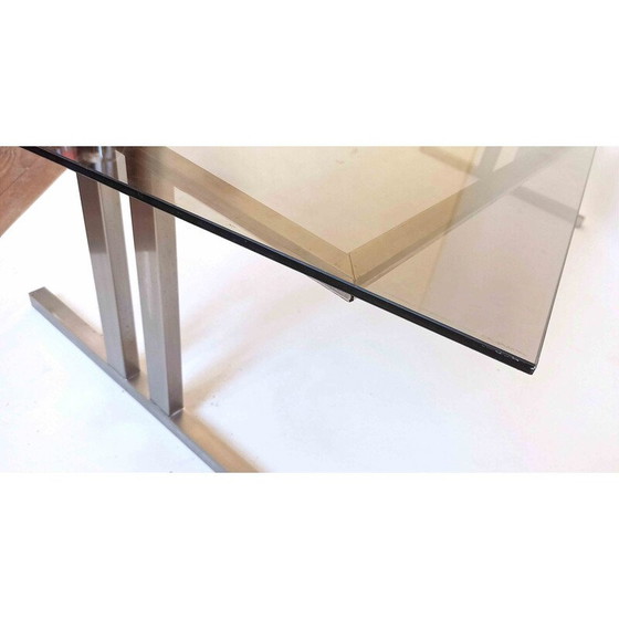 Image 1 of Vintage coffee table in brushed metal and brown smoked tempered glass, Italy 1970