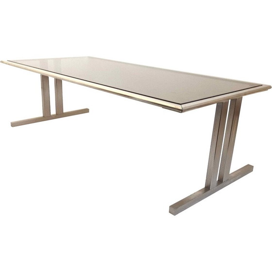 Image 1 of Vintage coffee table in brushed metal and brown smoked tempered glass, Italy 1970