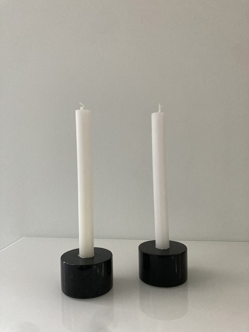 Set Of Two Black, Marble Candlesticks