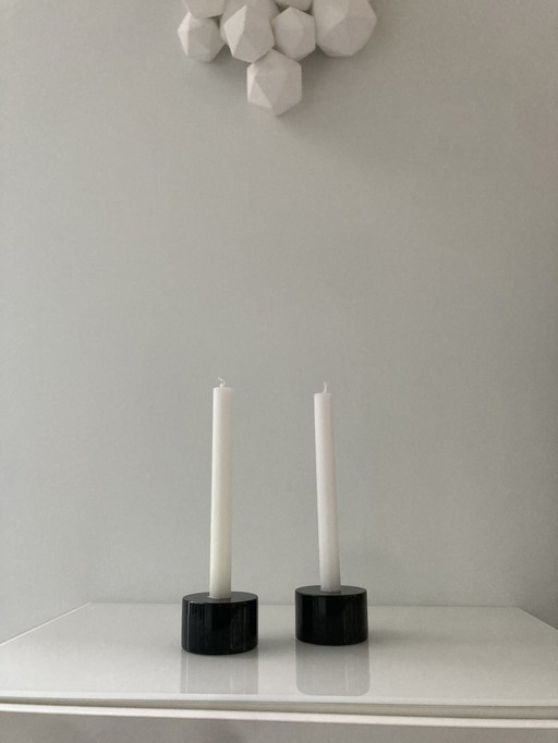 Set Of Two Black, Marble Candlesticks