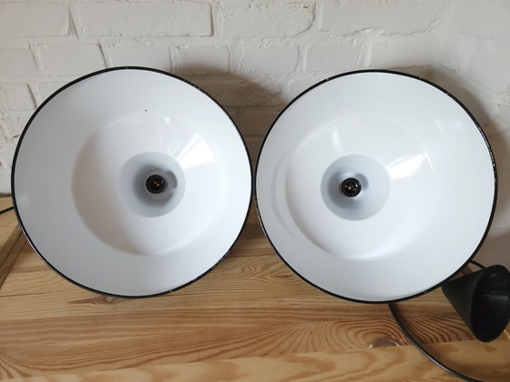 Image 1 of Set Of 2 Gray Enamel Industrial Pendant Lamps