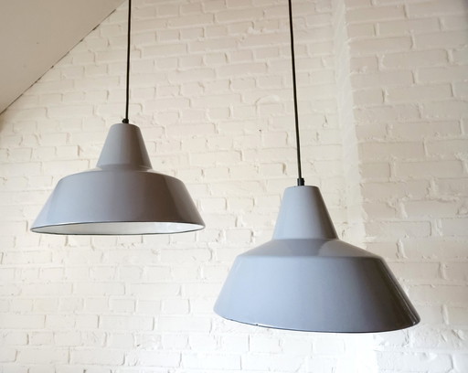 Set Of 2 Gray Enamel Industrial Pendant Lamps