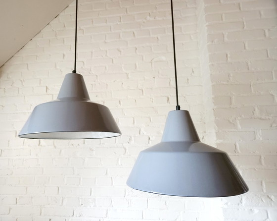 Image 1 of Set Of 2 Gray Enamel Industrial Pendant Lamps