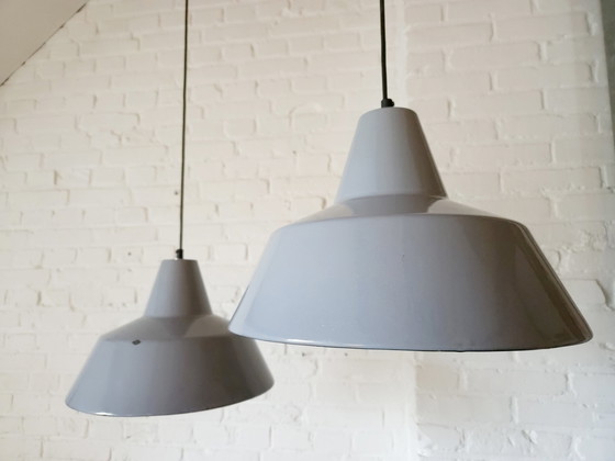 Image 1 of Set Of 2 Gray Enamel Industrial Pendant Lamps